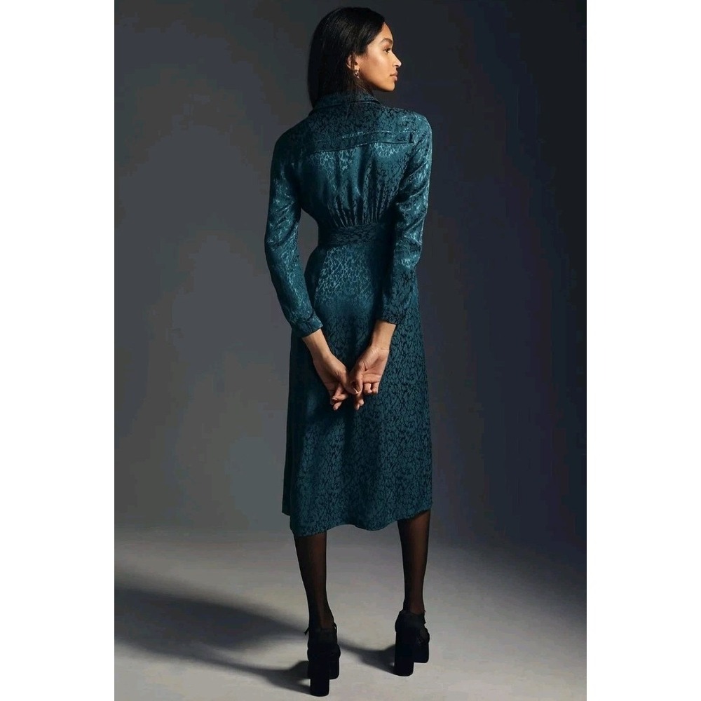 Anthropologie Blue Shimmer Patterned Blazer Wrap Long Sleeve Midi Dress Size 10 - Picture 3 of 9
